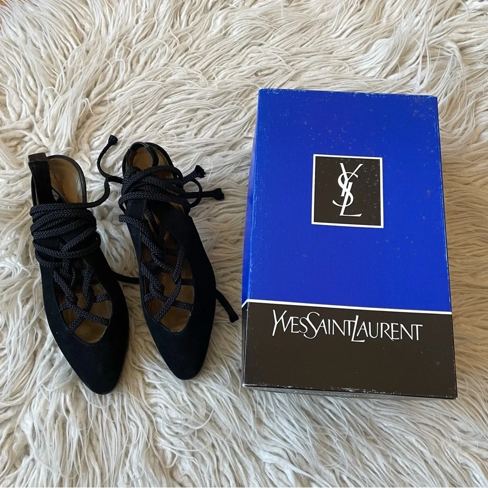 Yves Saint Laurent Dallas Vintage Black Suede Lace Up Ankle Wrap Pumps Size 6.5